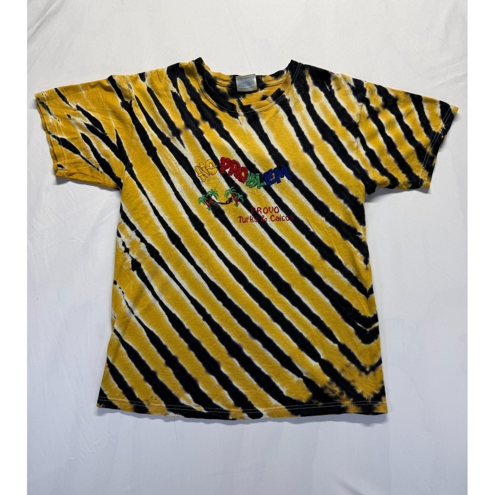 Vintage Hanes T Shirt Men M Yellow Black Tie Dye Embroidery Provo Turks & Caicos